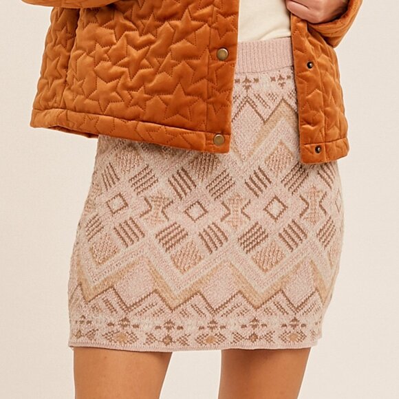 HEM & THREAD Beige Taupe Knit Mini Skirt, Boho Fair Isle Sweater Skirt, Cozy - Picture 1 of 6